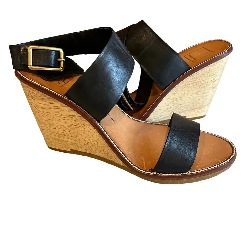 DOLCE VITA DV Black Leather Wedge Sandals 8.5